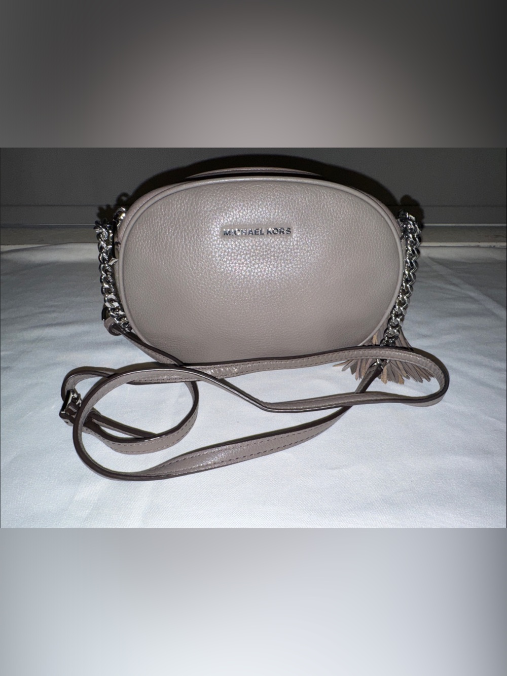 Michael Kors Pebbled Leather Chain-Accent Crossbody in Taupe Gray